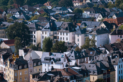 High angle view of buildings in city