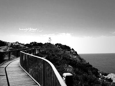 sea, water, tranquil scene, tranquility, railing, clear sky, scenics, copy space, beauty in nature, nature, horizon over water, sky, the way forward, tree, mountain, pier, day, idyllic, outdoors, non-urban scene