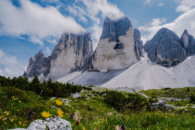 Panoramic view of snowcapped mountains against sky