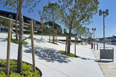 View of street by trees against sky