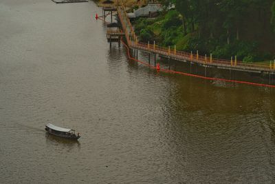 High angle view of boat sailing in river