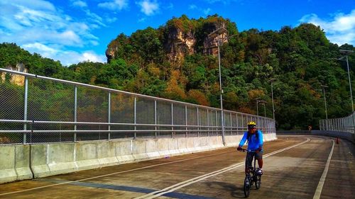 Rear view of man riding bicycle on road