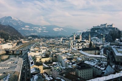 High angle view of cityscape against sky