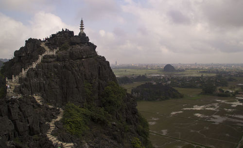 Panoramic view of temple and buildings against sky