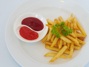 High angle view of food served in plate