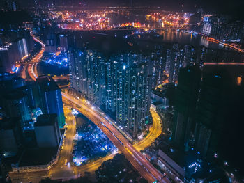 High angle view of illuminated city at night