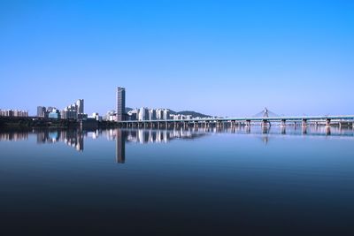 Scenic view of lake by buildings against clear blue sky