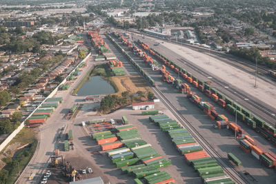 High angle view of street amidst buildings in city