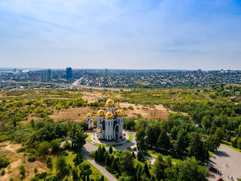 High angle view of buildings against sky