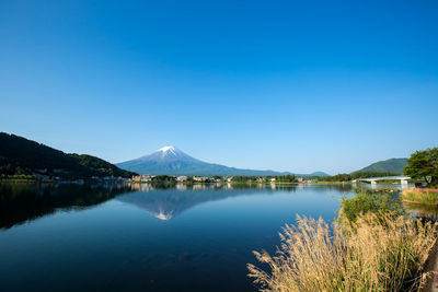 Scenic view of lake against clear blue sky