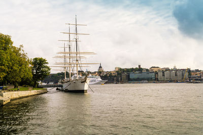 View of sodermalm from djurgarden in summer with ship