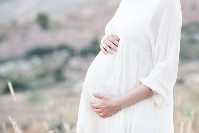 Pregnant woman wearing dress posing outdoors over nature background. motherhood. maternity.