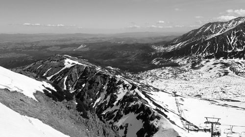 High angle view of snowcapped mountains against sky