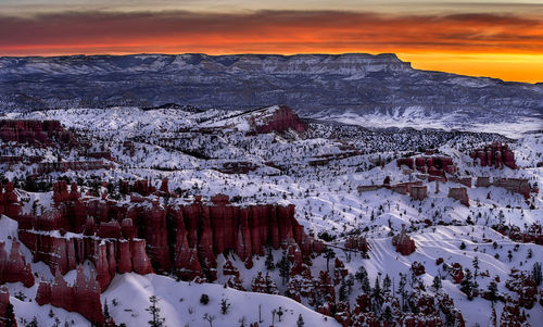 Snow covered mountain against sky during sunset