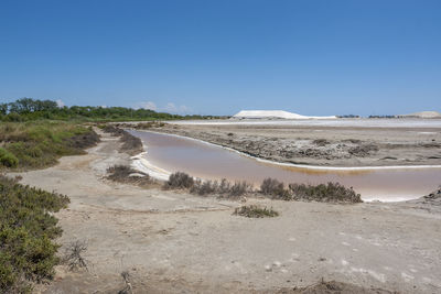 Scenic view of desert against clear blue sky