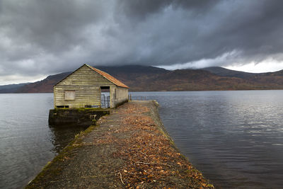 Scenic view of lake against cloudy sky