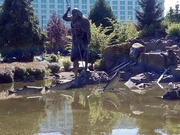 Rear view of man standing by lake