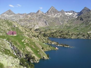 Scenic view of lake by mountains against sky