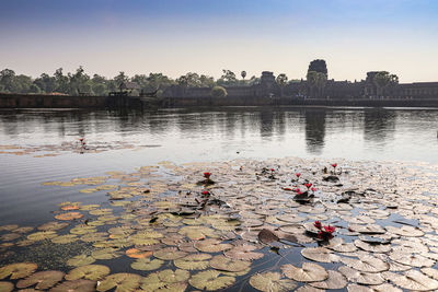Scenic view of lake against clear sky in city