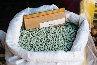 Green beans legume in sack in food market in cangas de onis, asturias, spain