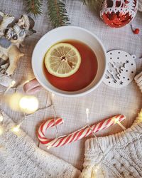 High angle view of tea cup on table