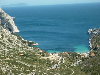 Scenic view of sea against blue sky