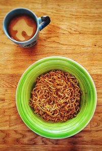 High angle view of soup in bowl on table