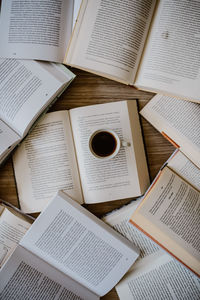 High angle view of open book on table