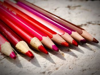 High angle view of multi colored pencils on table