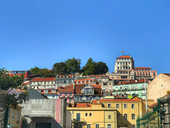 Houses in town against clear blue sky