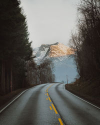 Empty road amidst trees against sky