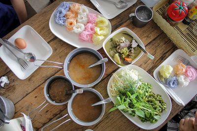 High angle view of food served on table