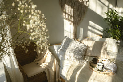 High angle view of breakfast served on bed at home