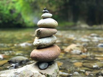 Close-up of stone stack on rock