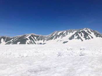 Scenic view of snowcapped mountains against clear blue sky