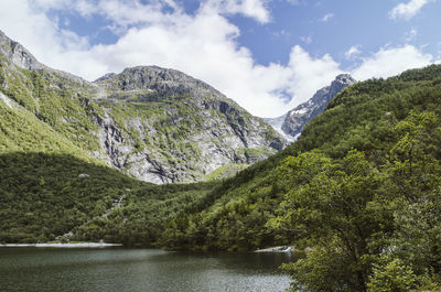 Scenic view of river and mountains against sky