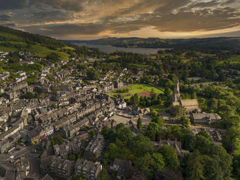 Aerial photograph of the small town of ambleside in the lake district national park, cumbria, uk 