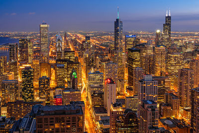 Top view building of chicago cityscape at the night time, usa downtown skyline, 