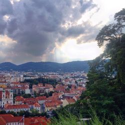 Townscape against cloudy sky