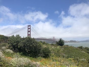 View of suspension bridge against cloudy sky