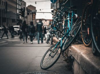 Bicycle parked on street in city