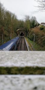 Railroad tracks amidst trees against sky