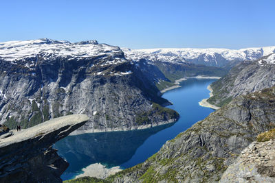 Scenic view of snowcapped mountains against clear sky