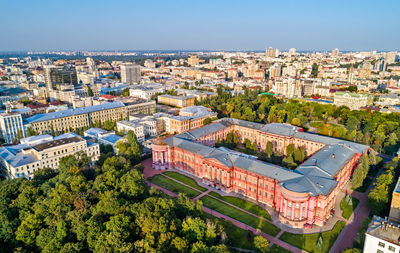 High angle view of buildings against clear sky