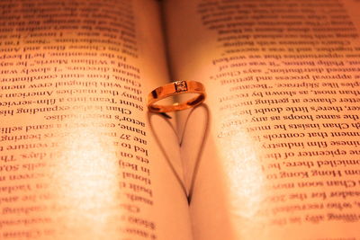 Close-up of ring on book