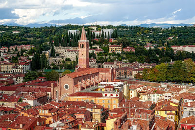 High angle shot of townscape against sky