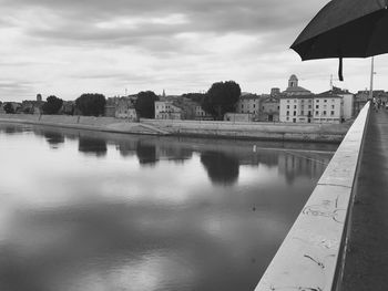 Reflection of built structure in water against sky