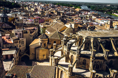 High angle view of buildings in city