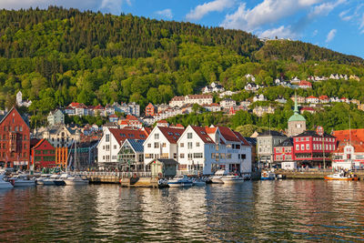 Houses by river and town against sky