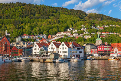 View of the port of the town of bergen with the mountain in norway